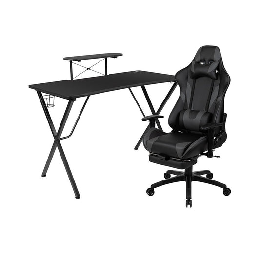 Black Gaming Desk with Cup Holder/Headphone Hook and Monitor/Smartphone Stand & Gray Reclining Gaming Chair with Footrest