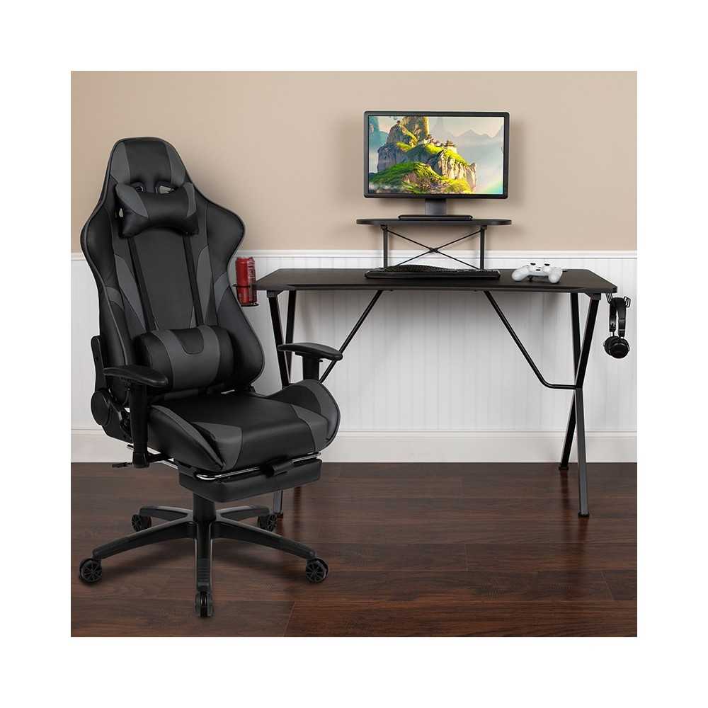 Black Gaming Desk with Cup Holder/Headphone Hook and Monitor/Smartphone Stand & Gray Reclining Gaming Chair with Footrest