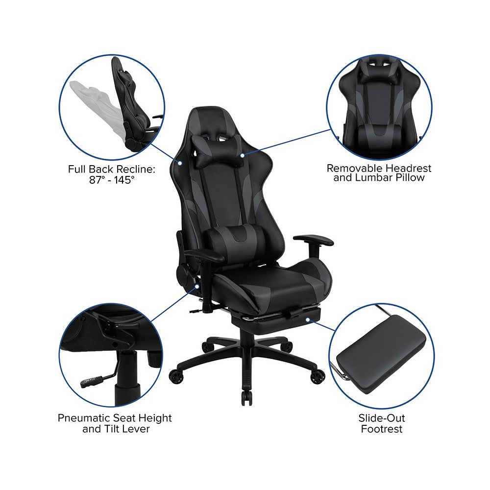 Black Gaming Desk with Cup Holder/Headphone Hook and Monitor/Smartphone Stand & Gray Reclining Gaming Chair with Footrest