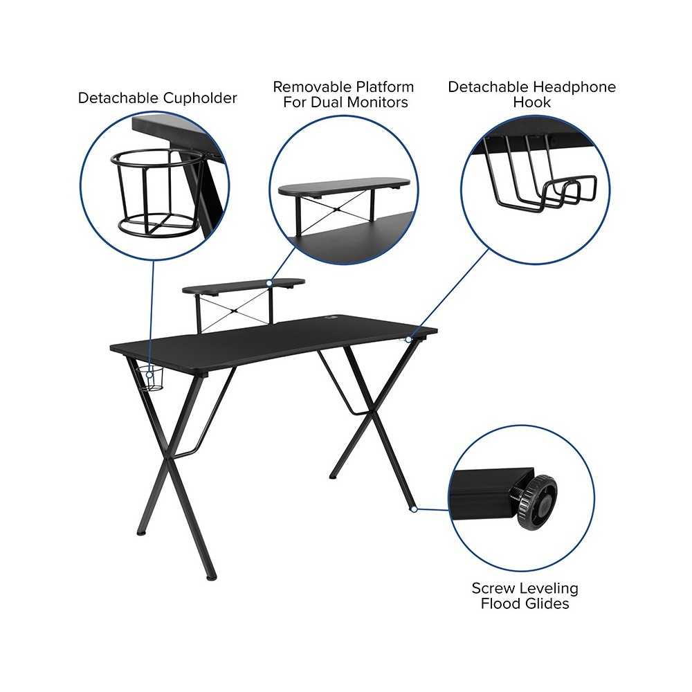 Black Gaming Desk with Cup Holder, Headphone Hook, and Monitor/Smartphone Stand