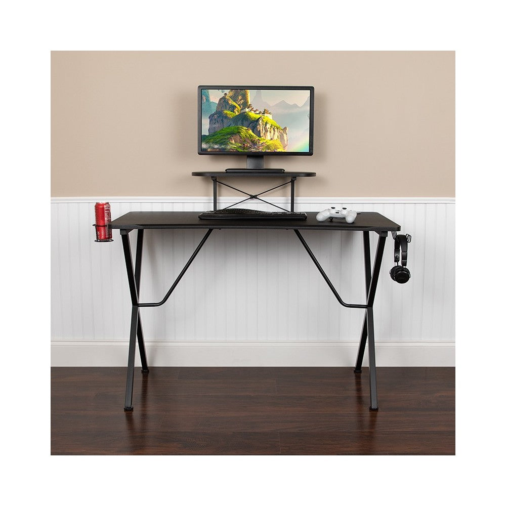 Black Gaming Desk with Cup Holder, Headphone Hook, and Monitor/Smartphone Stand