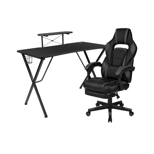 Black Gaming Desk with Cup Holder/Headphone Hook/Monitor Stand & Black Reclining Back/Arms Gaming Chair with Footrest