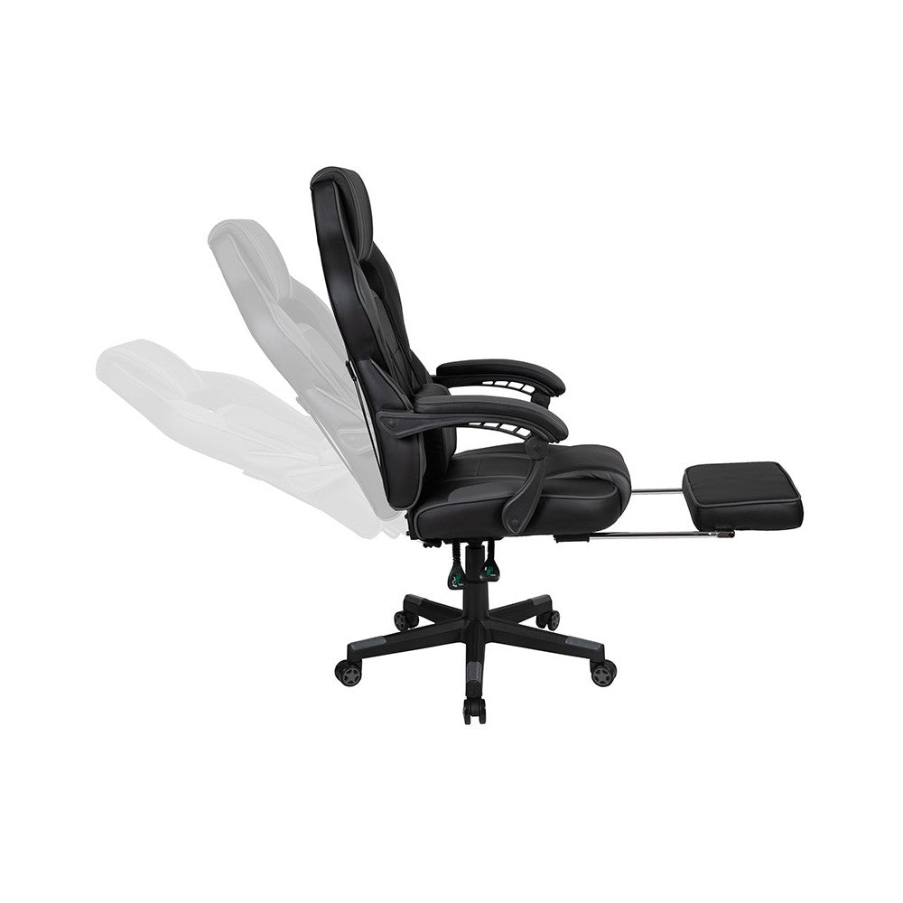 Black Gaming Desk with Cup Holder/Headphone Hook/Monitor Stand & Black Reclining Back/Arms Gaming Chair with Footrest