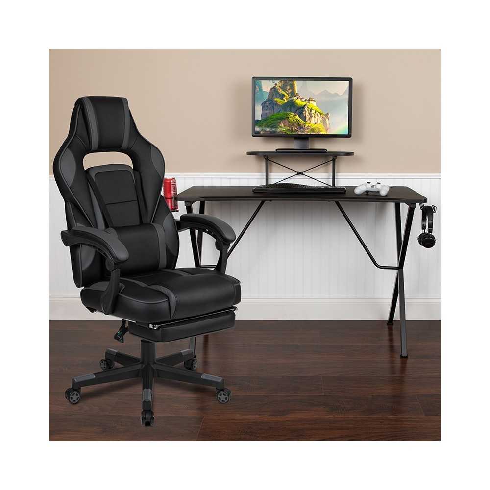 Black Gaming Desk with Cup Holder/Headphone Hook/Monitor Stand & Black Reclining Back/Arms Gaming Chair with Footrest