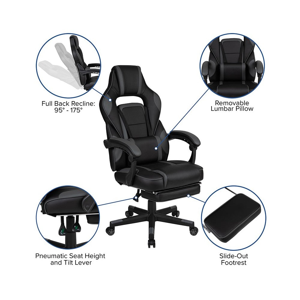 Black Gaming Desk with Cup Holder/Headphone Hook/Monitor Stand & Black Reclining Back/Arms Gaming Chair with Footrest