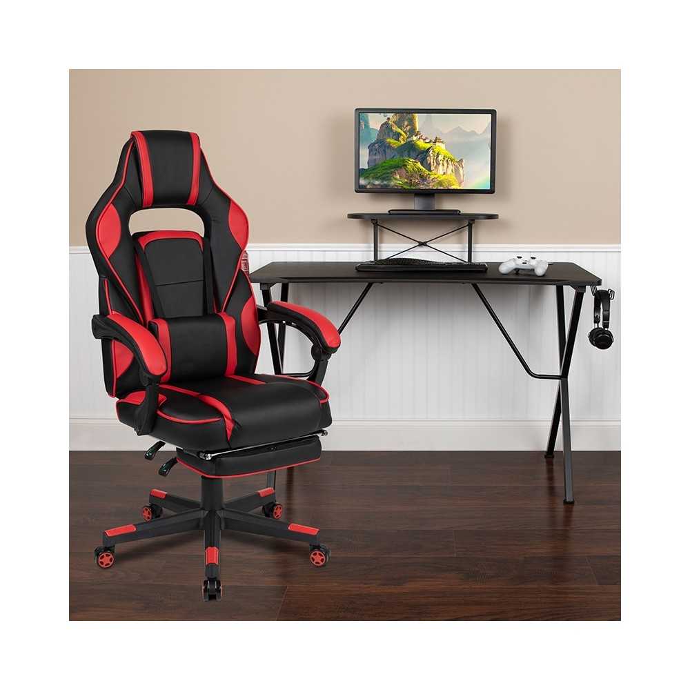 Black Gaming Desk with Cup Holder/Headphone Hook/Monitor Stand & Red Reclining Back/Arms Gaming Chair with Footrest