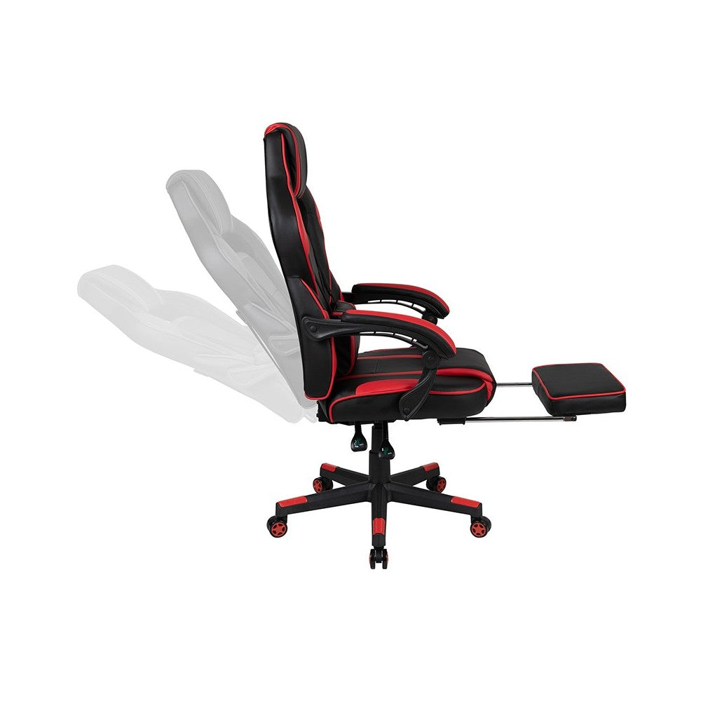 Black Gaming Desk with Cup Holder/Headphone Hook/Monitor Stand & Red Reclining Back/Arms Gaming Chair with Footrest