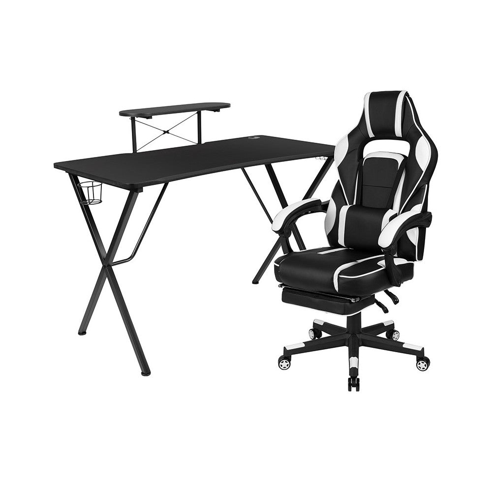 Black Gaming Desk with Cup Holder/Headphone Hook/Monitor Stand & White Reclining Back/Arms Gaming Chair with Footrest