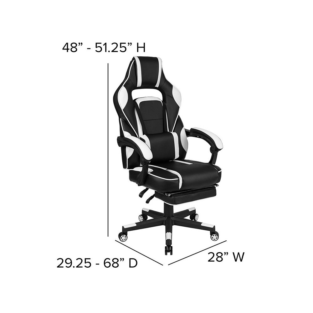 Black Gaming Desk with Cup Holder/Headphone Hook/Monitor Stand & White Reclining Back/Arms Gaming Chair with Footrest