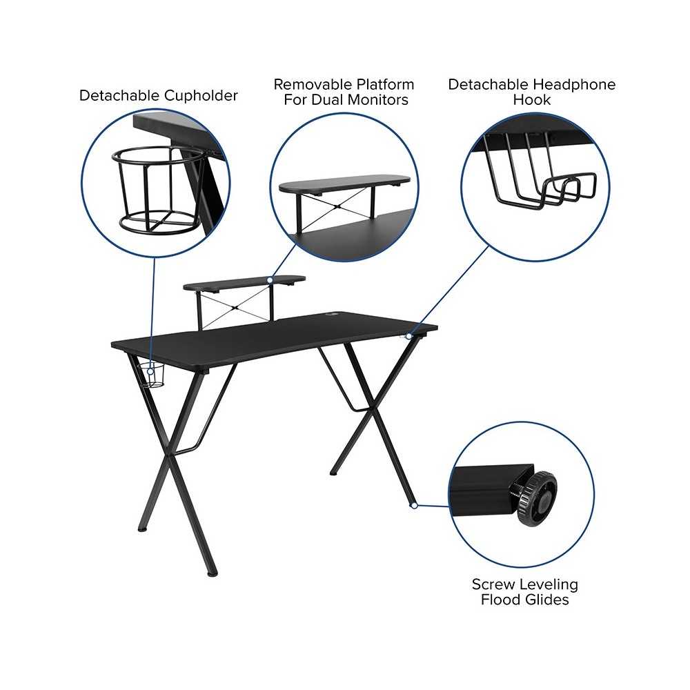 Black Gaming Desk with Cup Holder/Headphone Hook/Monitor Stand & White Reclining Back/Arms Gaming Chair with Footrest