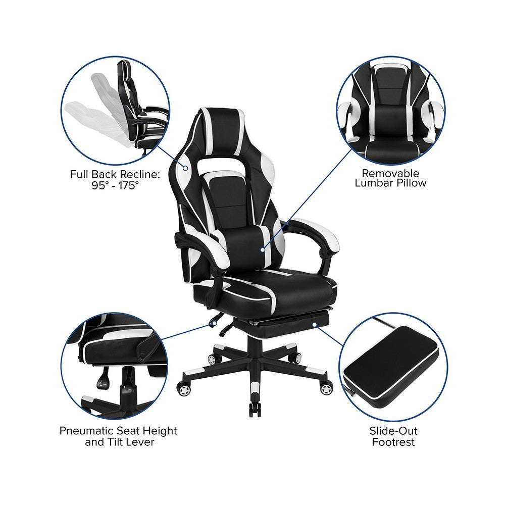 Black Gaming Desk with Cup Holder/Headphone Hook/Monitor Stand & White Reclining Back/Arms Gaming Chair with Footrest