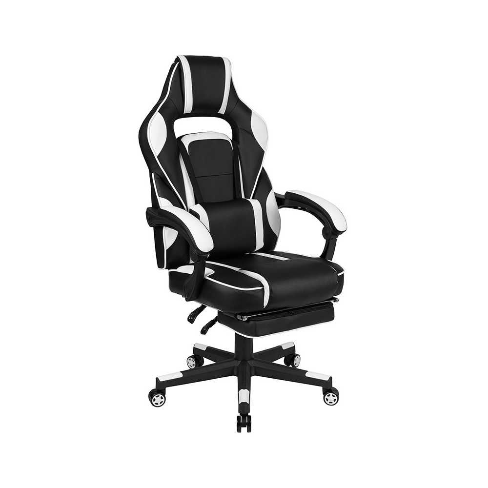 Black Gaming Desk with Cup Holder/Headphone Hook/Monitor Stand & White Reclining Back/Arms Gaming Chair with Footrest