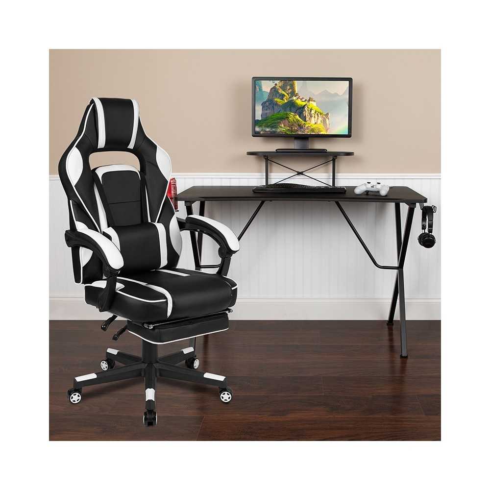 Black Gaming Desk with Cup Holder/Headphone Hook/Monitor Stand & White Reclining Back/Arms Gaming Chair with Footrest