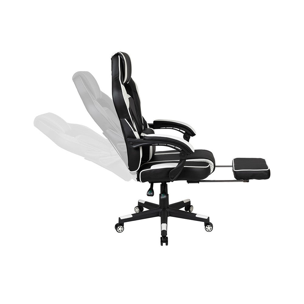 Black Gaming Desk with Cup Holder/Headphone Hook/Monitor Stand & White Reclining Back/Arms Gaming Chair with Footrest