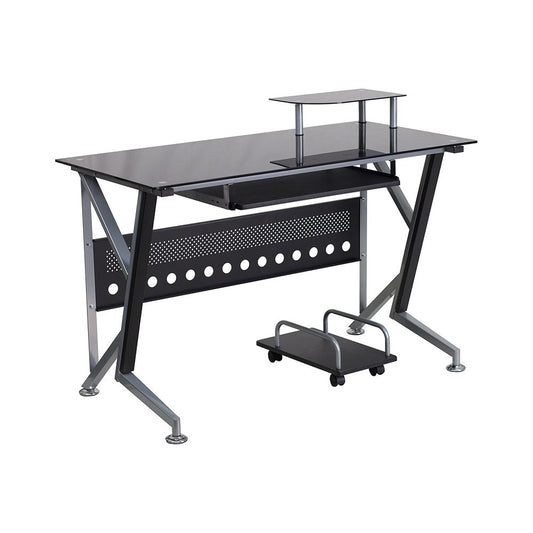 Black Glass Computer Desk with Pull-Out Keyboard Tray and CPU Cart