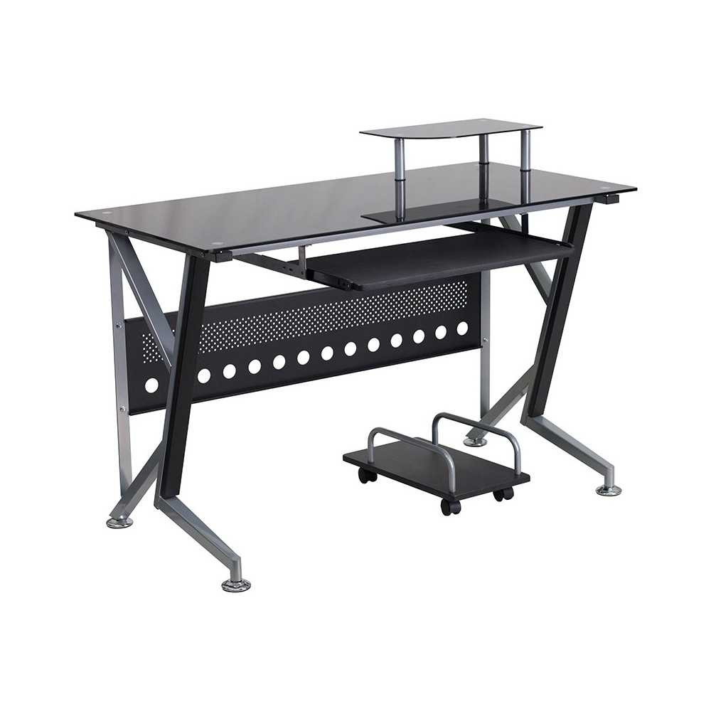 Black Glass Computer Desk with Pull-Out Keyboard Tray and CPU Cart