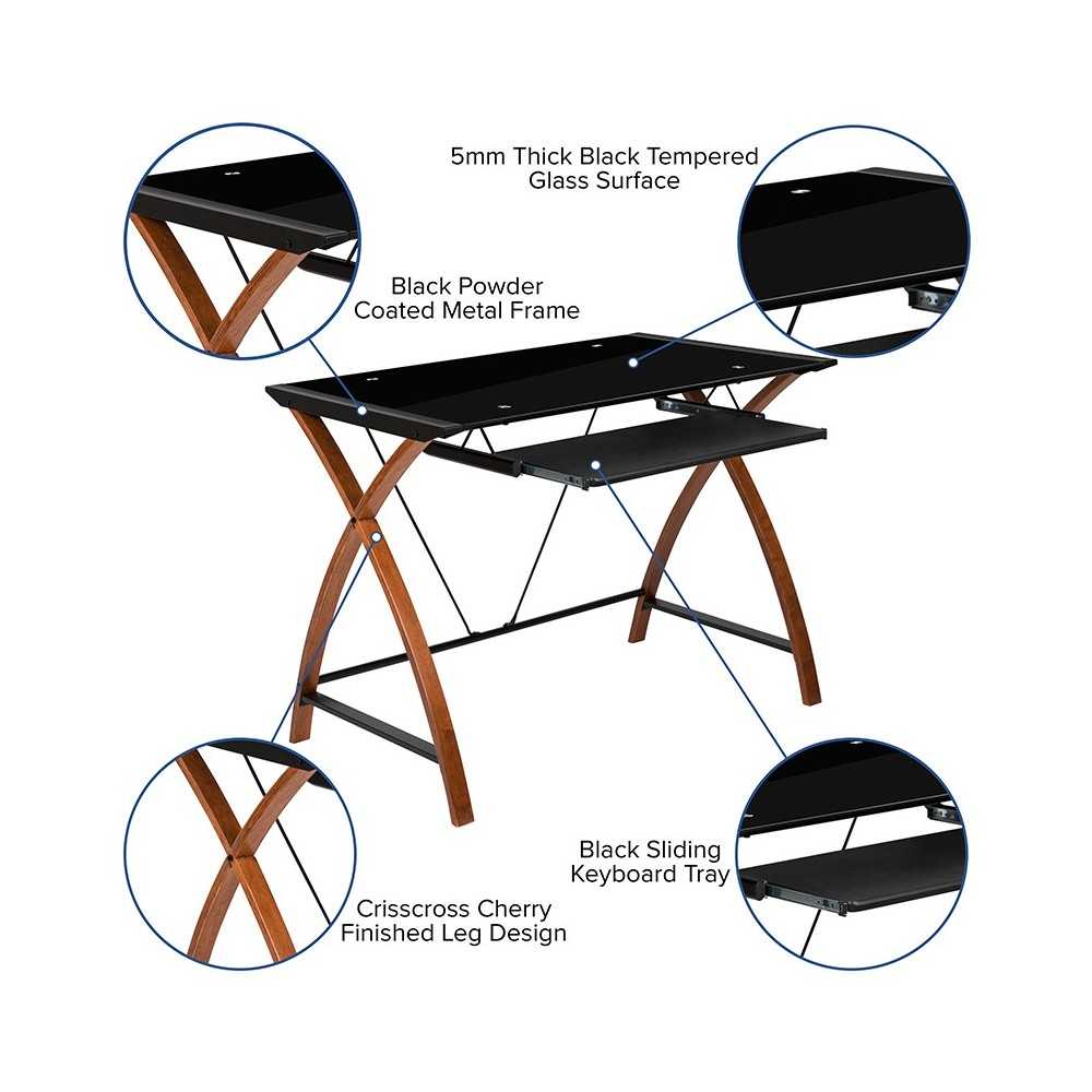 Black Glass Computer Desk with Pull-Out Keyboard Tray and Crisscross Frame