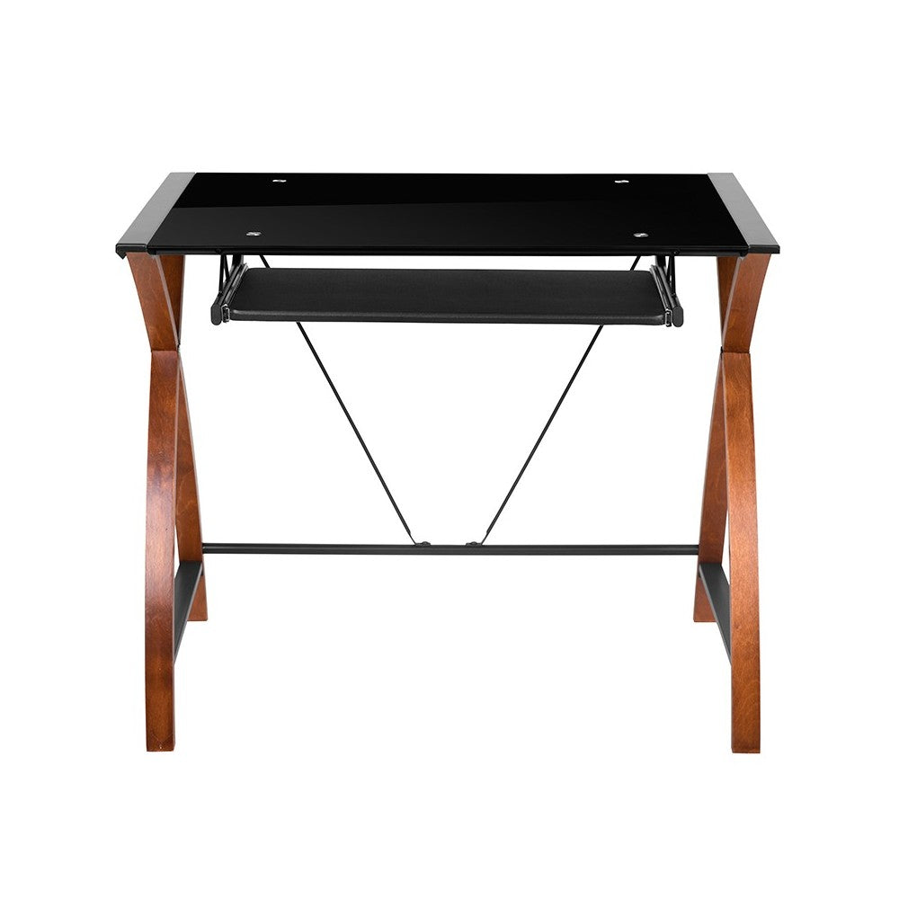 Black Glass Computer Desk with Pull-Out Keyboard Tray and Crisscross Frame