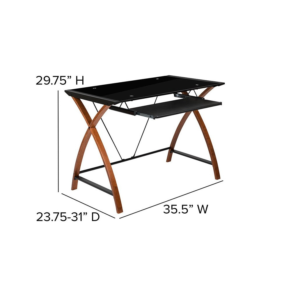 Black Glass Computer Desk with Pull-Out Keyboard Tray and Crisscross Frame