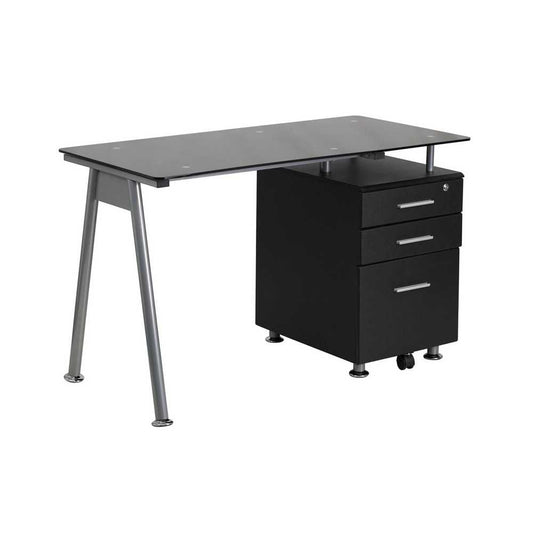 Black Glass Computer Desk with Three Drawer Pedestal