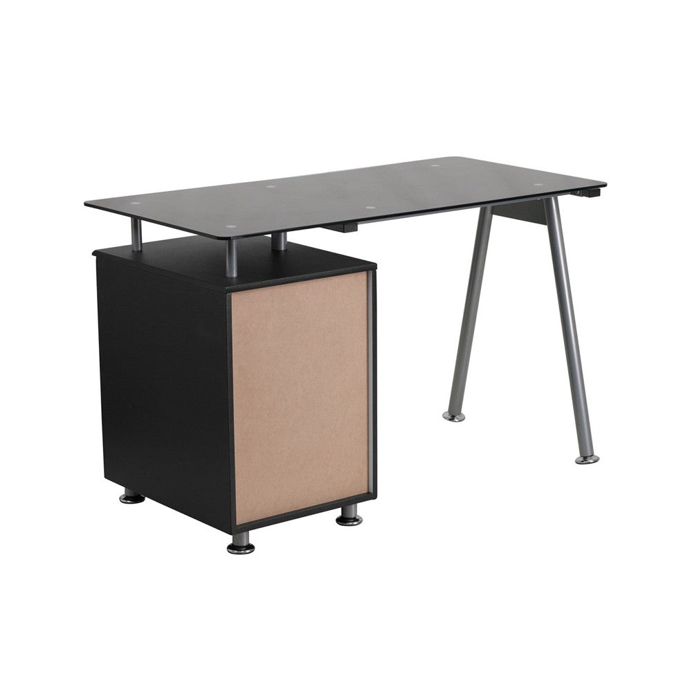 Black Glass Computer Desk with Three Drawer Pedestal