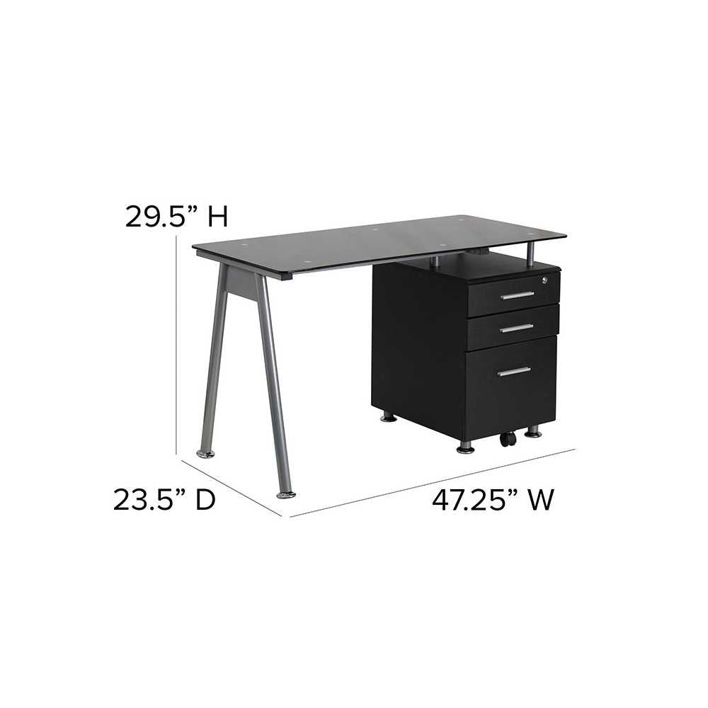 Black Glass Computer Desk with Three Drawer Pedestal