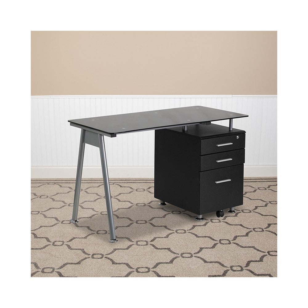 Black Glass Computer Desk with Three Drawer Pedestal