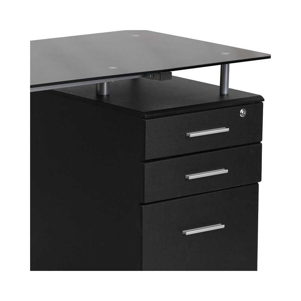 Black Glass Computer Desk with Three Drawer Pedestal