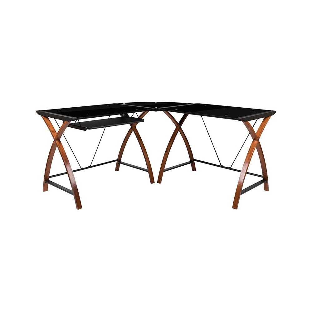 Black Glass L-Shape Corner Computer Desk with Pull-Out Keyboard Tray