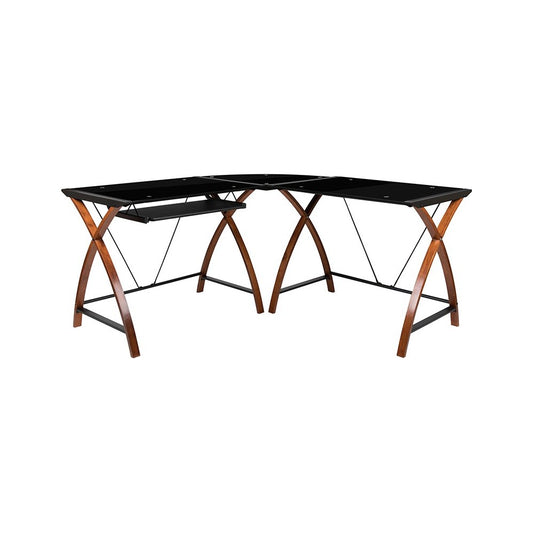 Black Glass L-Shape Corner Computer Desk with Pull-Out Keyboard Tray