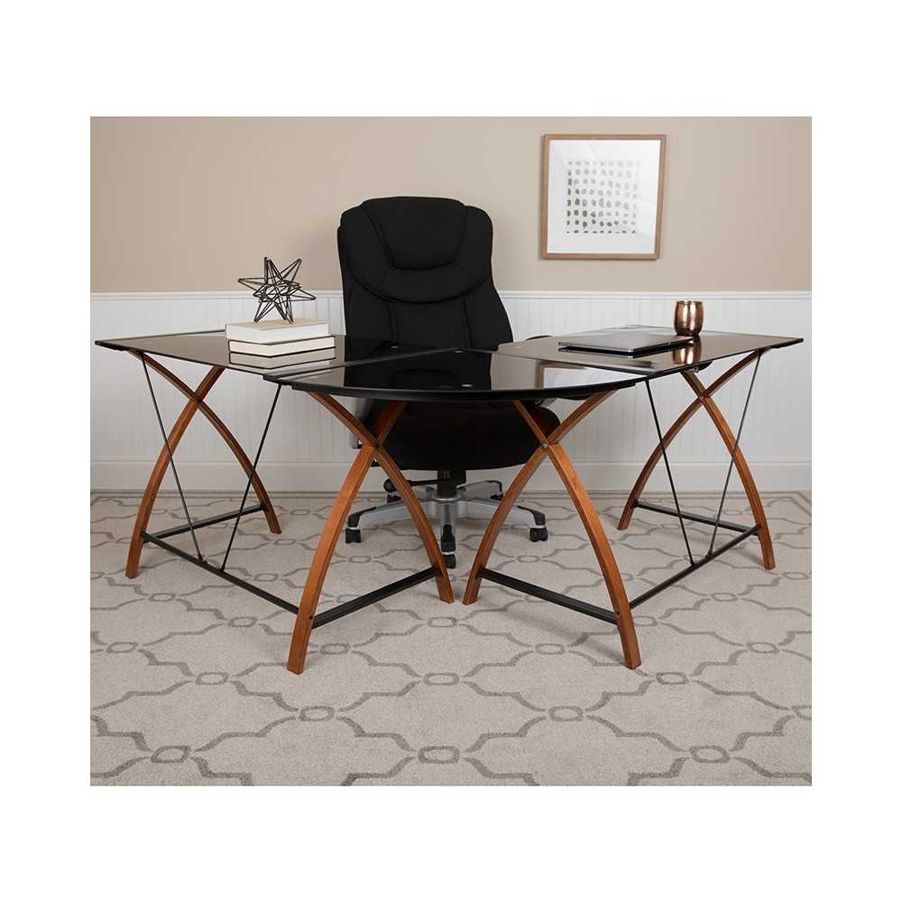 Black Glass L-Shape Corner Computer Desk with Pull-Out Keyboard Tray