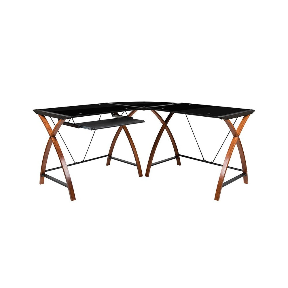Black Glass L-Shape Corner Computer Desk with Pull-Out Keyboard Tray