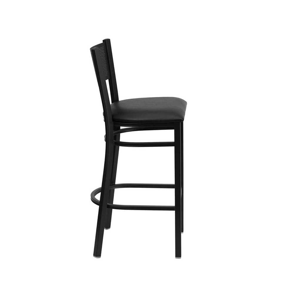 Black Grid Back Metal Restaurant Barstool - Black Vinyl Seat