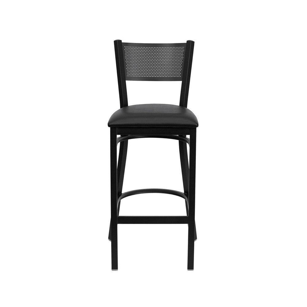 Black Grid Back Metal Restaurant Barstool - Black Vinyl Seat