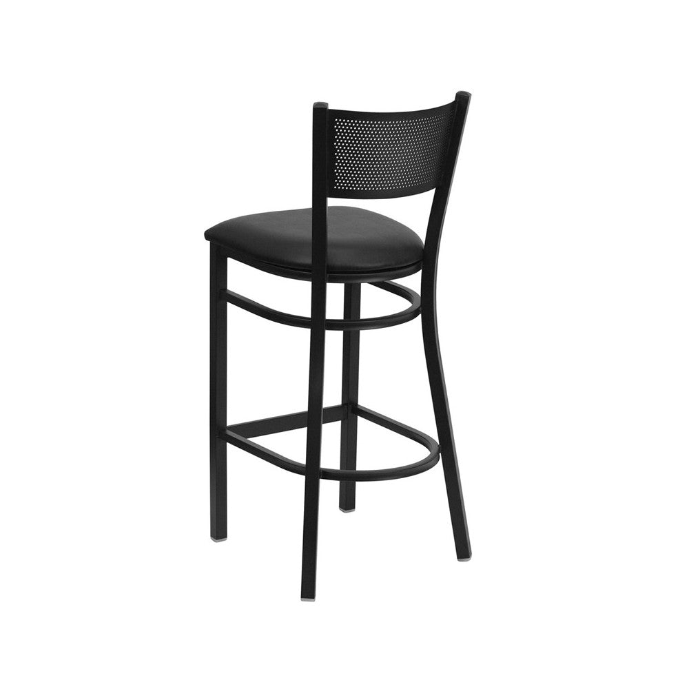 Black Grid Back Metal Restaurant Barstool - Black Vinyl Seat
