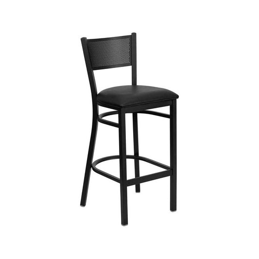 Black Grid Back Metal Restaurant Barstool - Black Vinyl Seat