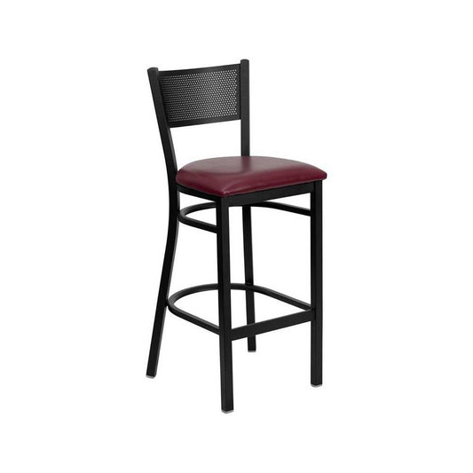 Black Grid Back Metal Restaurant Barstool - Burgundy Vinyl Seat