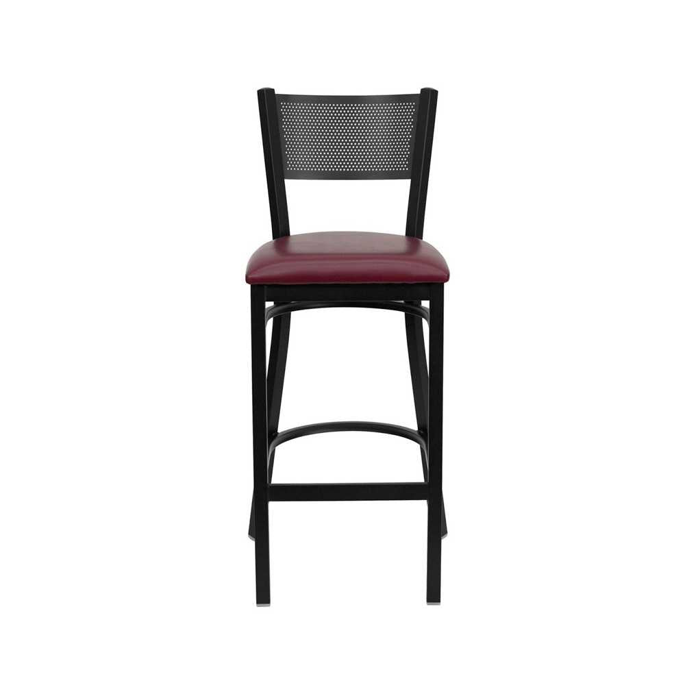 Black Grid Back Metal Restaurant Barstool - Burgundy Vinyl Seat