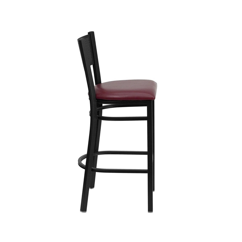 Black Grid Back Metal Restaurant Barstool - Burgundy Vinyl Seat