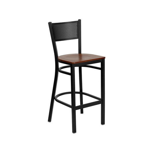 Black Grid Back Metal Restaurant Barstool - Cherry Wood Seat