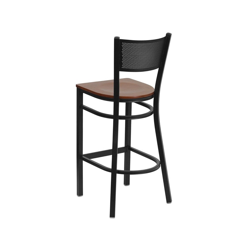 Black Grid Back Metal Restaurant Barstool - Cherry Wood Seat