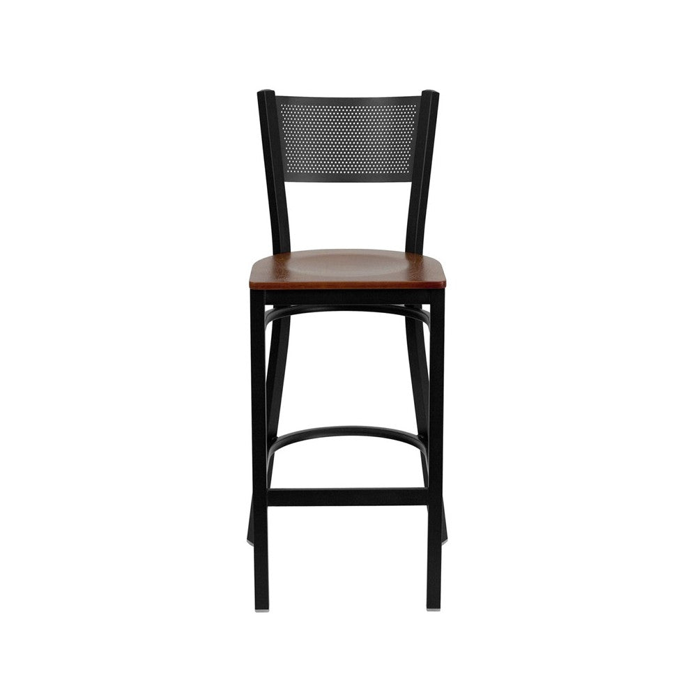 Black Grid Back Metal Restaurant Barstool - Cherry Wood Seat