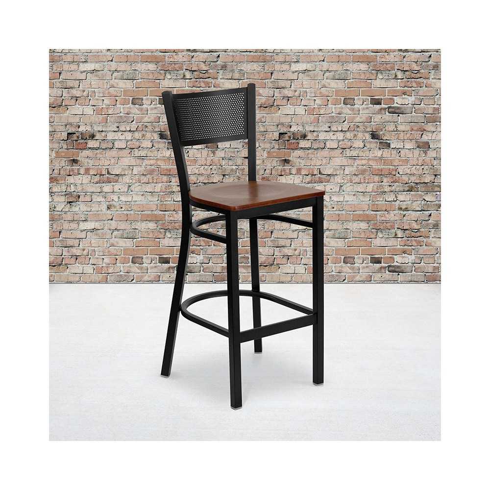 Black Grid Back Metal Restaurant Barstool - Cherry Wood Seat