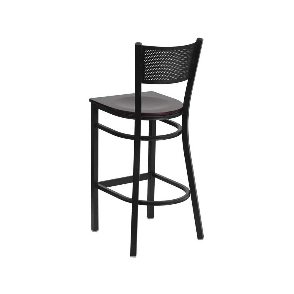 Black Grid Back Metal Restaurant Barstool - Mahogany Wood Seat