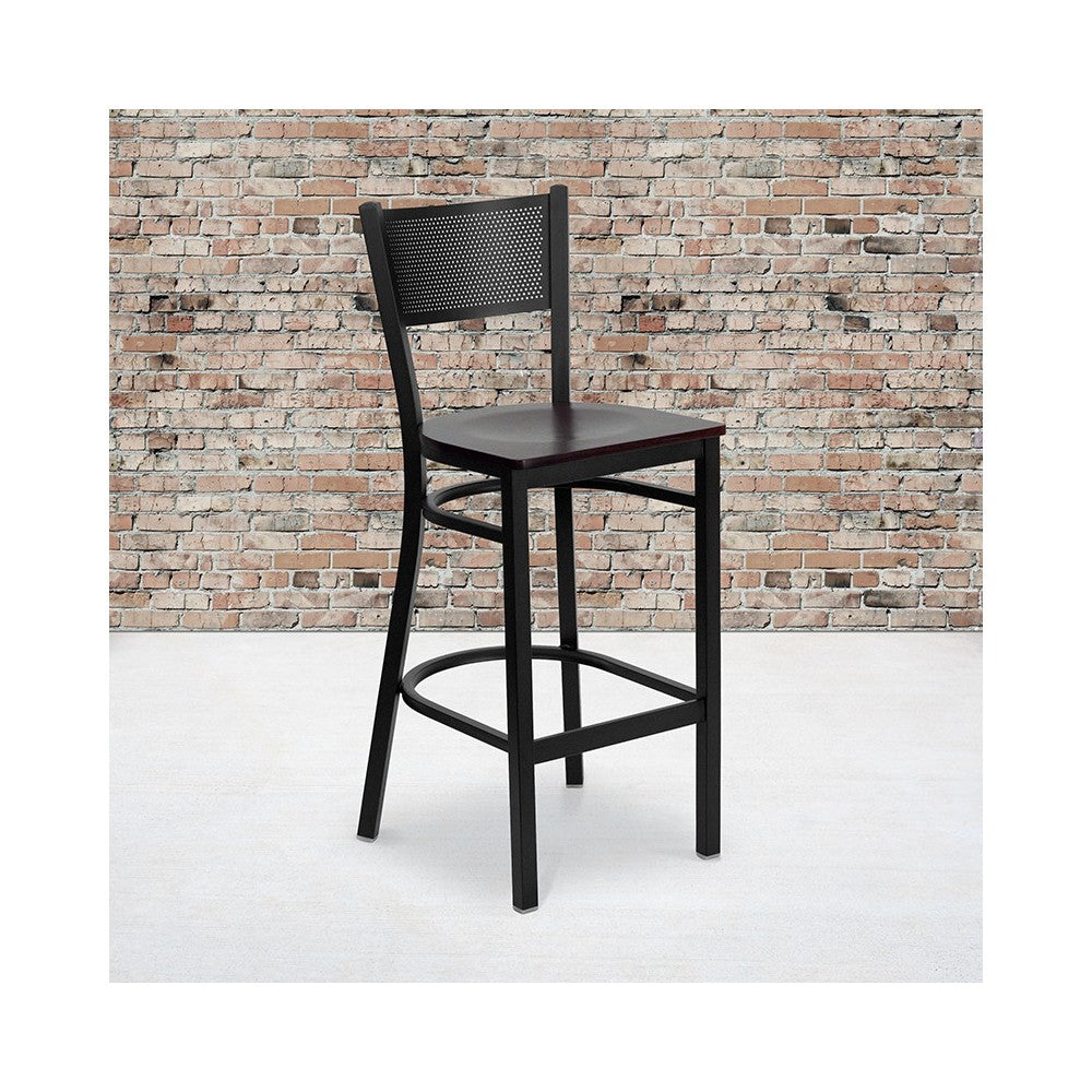 Black Grid Back Metal Restaurant Barstool - Mahogany Wood Seat