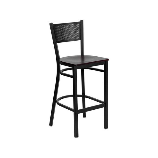 Black Grid Back Metal Restaurant Barstool - Mahogany Wood Seat