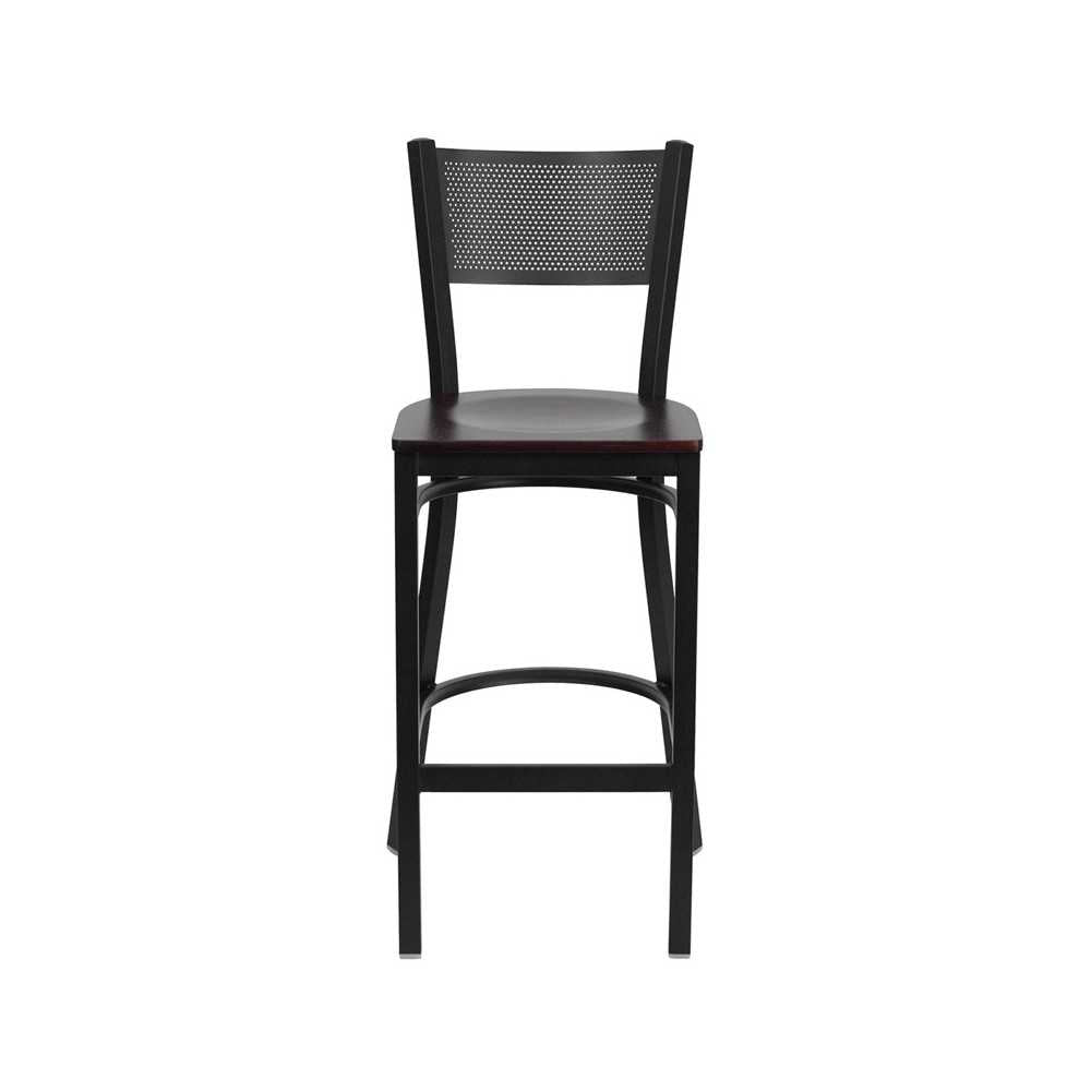 Black Grid Back Metal Restaurant Barstool - Mahogany Wood Seat