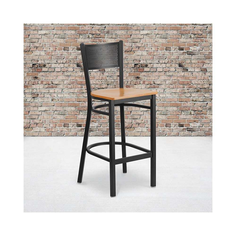 Black Grid Back Metal Restaurant Barstool - Natural Wood Seat