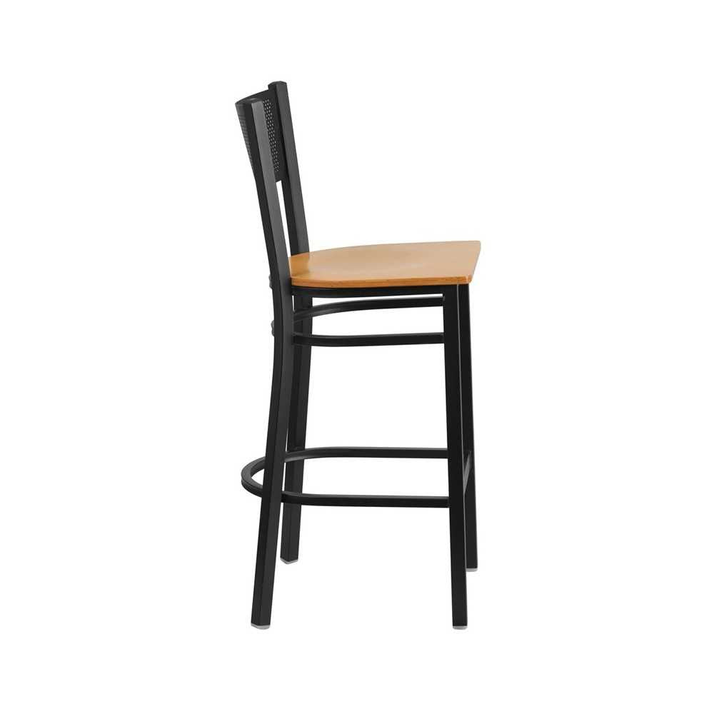 Black Grid Back Metal Restaurant Barstool - Natural Wood Seat