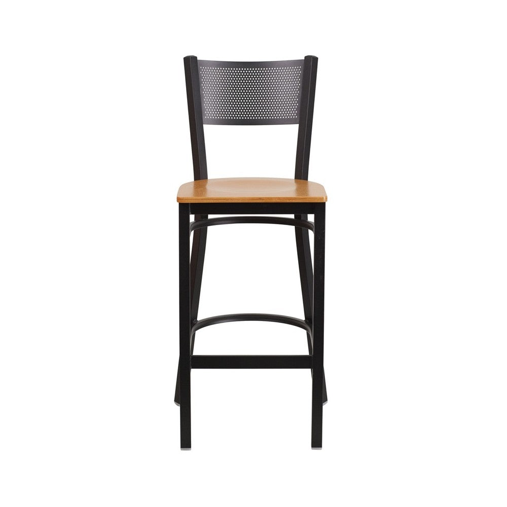 Black Grid Back Metal Restaurant Barstool - Natural Wood Seat